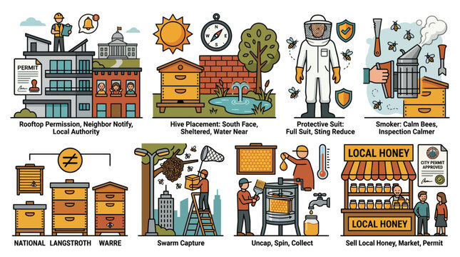 Urban Beekeeping Infographic Guide for Hive Setup Equipment Maintenance and Local Honey Production Steps