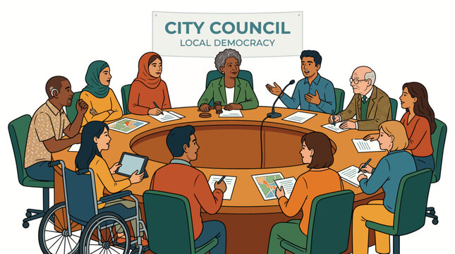 Diverse City Council Members Meeting at Large Oval Table for Local Democracy and Community Decision Making