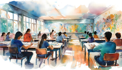 Obraz premium Students studying in a vibrant classroom