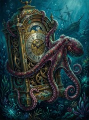 Obraz premium A majestic octopus embraces an ancient, ornate grandfather clock at the bottom of the ocean, with a sunken ship in the mysterious deep-sea background.
