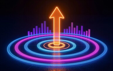 Naklejka premium Neon arrow rises above glowing rings and bars symbolizing growth and