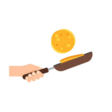 Hand flipping a pancake in a frying pan vector illustration