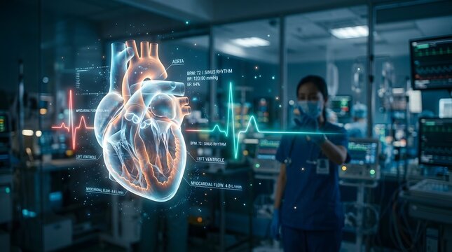 Futuristic 3D Holographic Human Heart Model with Vital Signs Data in Modern Hospital ICU, Advanced Cardiology Diagnostic Technology and AI Medical Research Concept