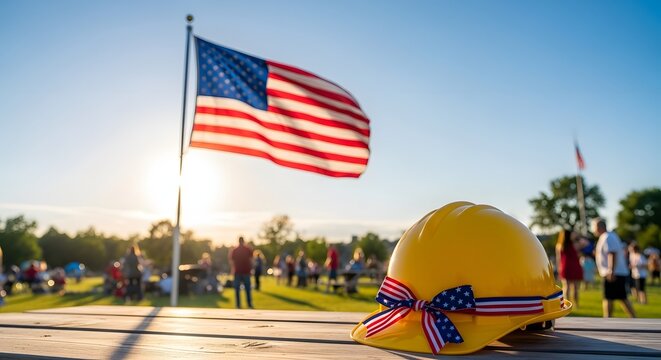 Yellow construction helmet with american flag ribbon patriotic memorial day concept