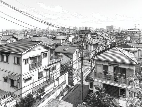 Monochrome manga-style pen drawing of residential apartments, detailed line art with a clean anime architectural aesthetic.