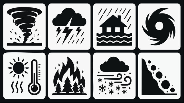 High precision vector graphics set of extreme weather events and natural disaster icons featuring bold black silhouettes, represented in a modern minimalist style for environmental emergency planning.