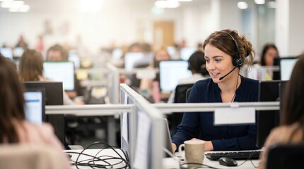 Naklejka premium Customer service representative wearing a headset and working at her computer in a call center.