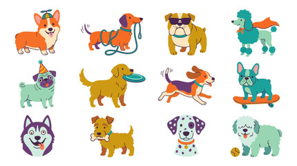 Fototapeta premium Colorful cartoon dogs in various playful poses and costumes