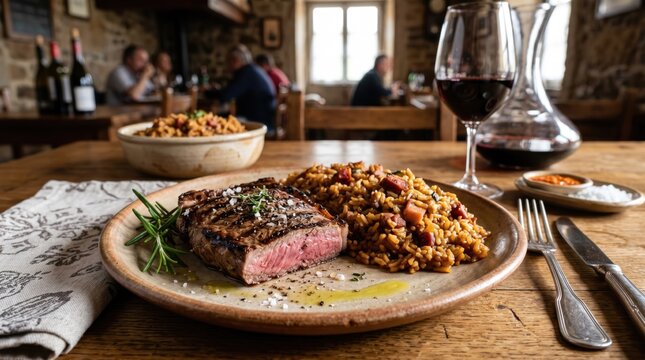 Perfectly cooked steak and rice with a glass of red wine in a rustic restaurant