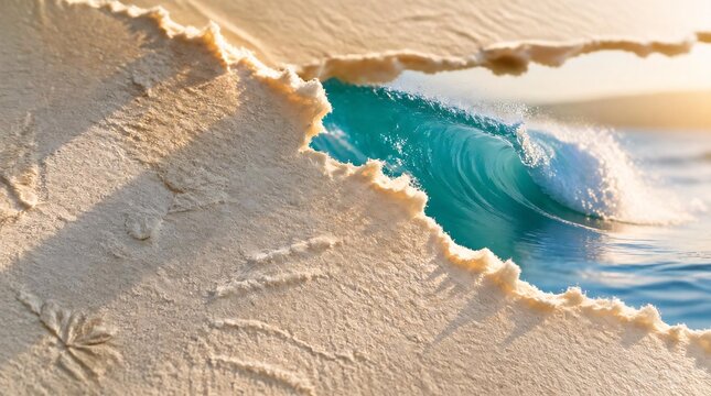 Sunlight illuminates the rough deckled edges of torn paper revealing a vibrant turquoise ocean wave crashing within a cinematic widescreen composition, perfect for artistic and creative backgrounds.