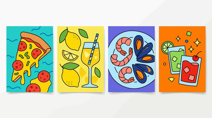 Fototapeta premium Colorful illustrations of food and drink on rectangular backgrounds