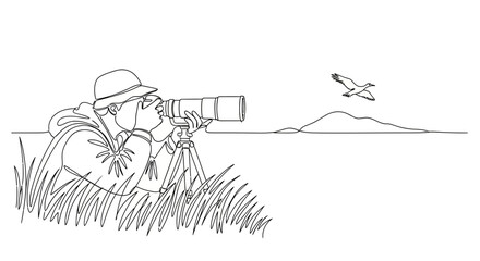 Naklejka premium One Line Drawing of Wildlife Photographer Taking Photo of Flying Bird