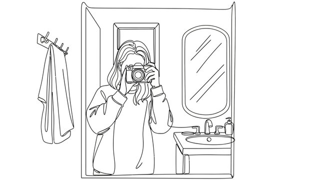Line Art of Woman Taking Mirror Selfie with Vintage Camera
