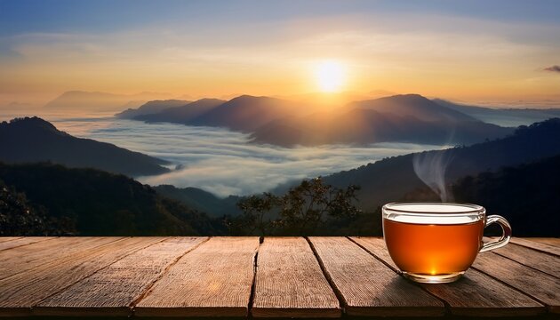 cup of tea on wood surface overlooks misty mountains as sun rises above distant peaks sky tinged with orange