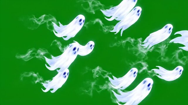 Several playful white ghosts float across a vibrant green screen, creating a whimsical and spooky visual effect.
