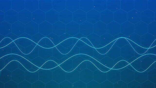 Modern digital motion background featuring neon teal sine waves and a hexagonal grid on dark blue. Suitable for technology, big data, and scientific research video presentations and overlays