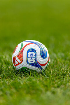 Calgary, Alberta, Canada. May 11, 2026. A vertical close-up of the official 2026 FIFA World Cup Trionda soccer ball on a vibrant green field.