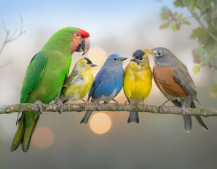 Fototapeta premium A harmonious gathering of diverse feathered friends, with a majestic green parrot and various colorful songbirds, perched peacefully on a natural branch in a serene, softly lit setting