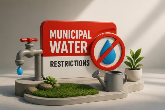 Calm yet urgent municipal water restrictions concept with faucet drip sign and sustainable home garden scene