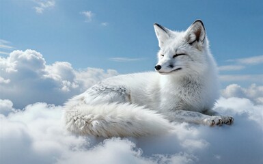 Obraz premium White fox rests peacefully atop fluffy clouds under a bright blue sky.