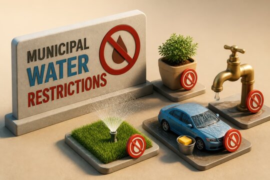 Municipal water restrictions sign with drought saving concept lawn plant car wash and faucet