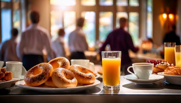 fresh continental breakfast buffet with bagels juice and coffee in a hotel restaurant staff and guests visible in the blurred background