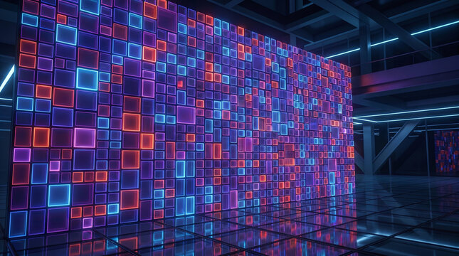 A digital abstract pattern composed of squares fills a large room with vibrant colors and geometric shapes.