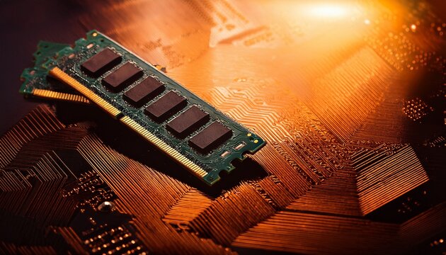 computer memory module ram lying on a dark speckled electronic component under warm blurred light