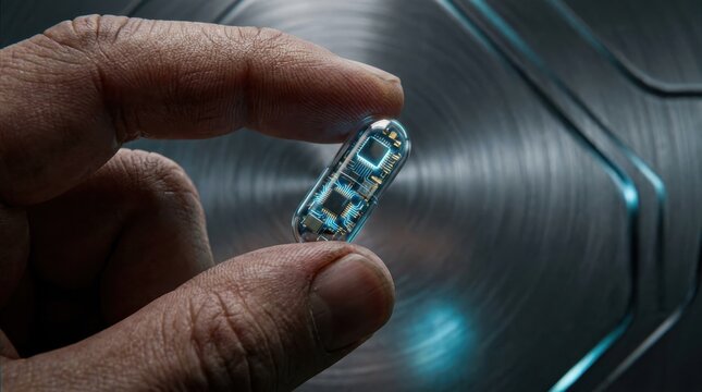 Futuristic Smart Pill with Embedded Microcircuits Held in Human Hand for Biomedical Innovation