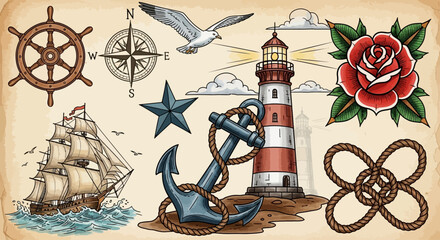 Nautical, vintage tattoo, lighthouse, anchor, rose, ship wheel, 12 icons set © Shawn