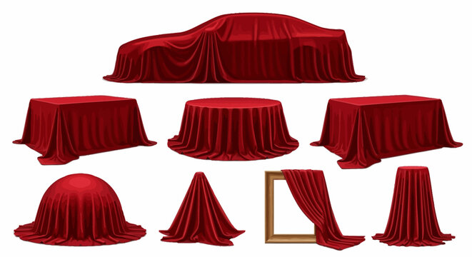 Red velvet drapes, luxury covers, unveiling cloths, draped fabrics, 8 elements
