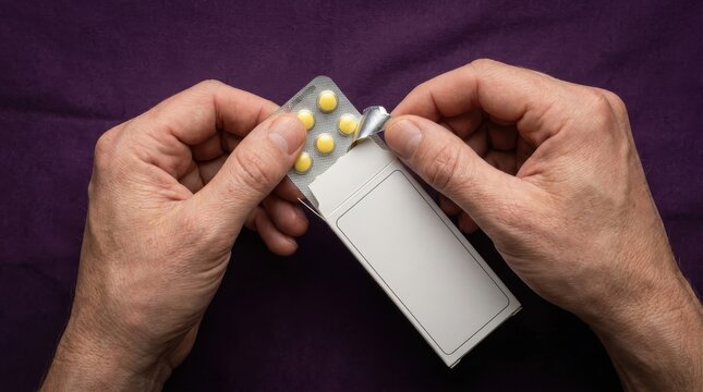 Hands Opening Blister Pack of Tablets from Medicine Box for Precise Dosage Administration in Pharmacy