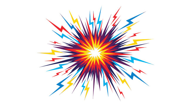 Colorful abstract explosion with lightning bolts and starburst effect on white background, graphic design element