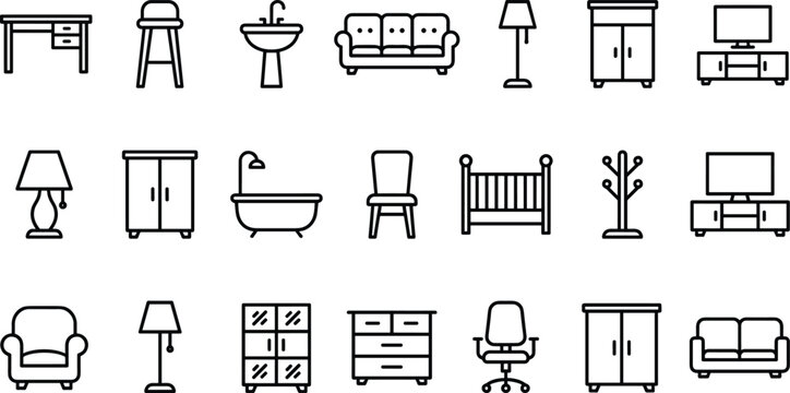 Modern furniture outline icon set featuring home and office interior objects in clean minimal line style