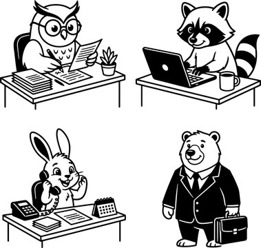 Set of cartoon forest animals working in a modern office environment.