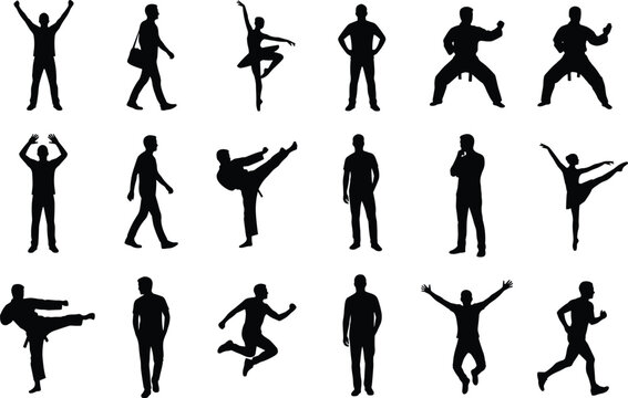 People silhouette set with martial arts dancing running and standing men in dynamic action poses isolated on white