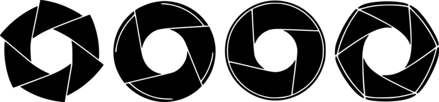 Set of four black and white camera shutter silhouettes, vector illustration elements
