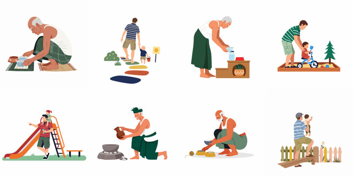 Flat vector illustration set of diverse people engaged in everyday activities, family bonding, parenting, and household tasks across different generations.