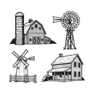 Black and white illustration of farm buildings and windmills isolated on white background