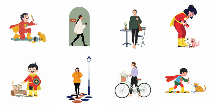 Collection of flat vector illustrations featuring children in superhero costumes with cats and women in various everyday lifestyle and urban scenarios.