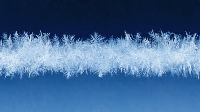 Delicate frost crystals on thin branch, shimmering against smooth blue gradient background, soft bokeh and highdetail macro texture, morning cold light, minimal composition conveying calm crisp winter