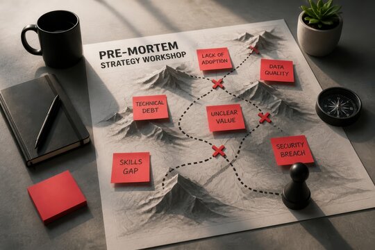 Business strategy workshop with pre mortem risk analysis notes and scenario planning on a desk