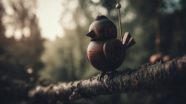 Intricately Carved Wooden Bird Ornament Perched on a Tree Branch Outdoors
