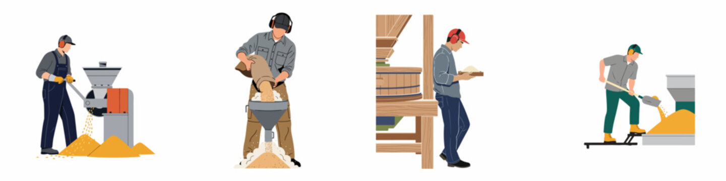 Set of illustrations depicting male workers engaged in various stages of the grain milling and processing industry.
