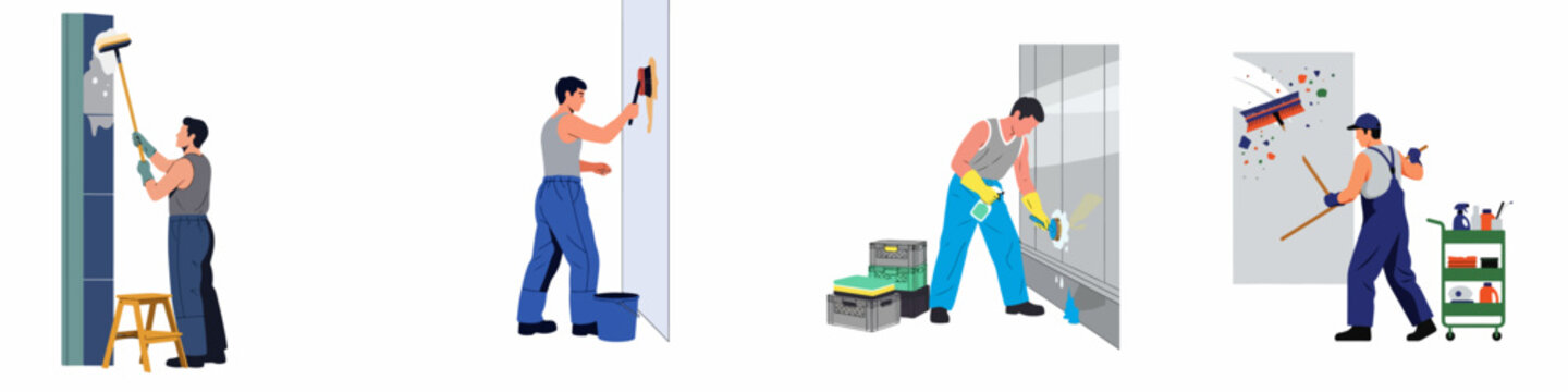 Professional male cleaners performing various commercial cleaning tasks like washing walls and surfaces using specialized equipment and supplies in a flat vector style.