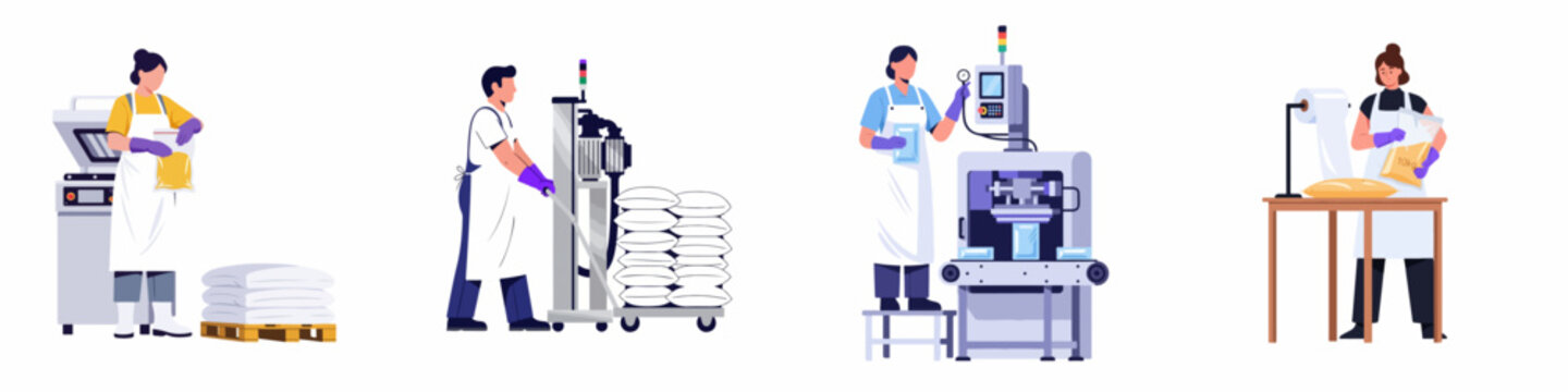 Industrial Food Processing and Packaging Workers Illustration Set with Conveyor Belt, Pallet Jack, and Bagging Equipment