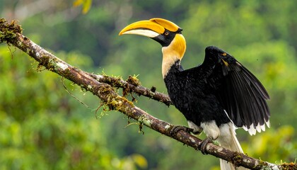Fototapeta premium A large black and yellow hornbill perches on a branch in a lush forest.