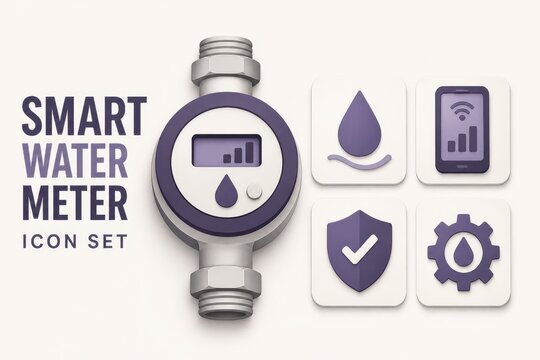 Smart water meter icon set with digital monitoring and IoT utility symbols