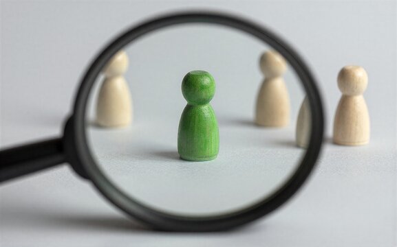 Magnifying glass highlights one green pegman among beige peers