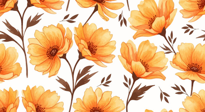 Yellow flower pattern, orange floral design, vector seamless texture, botanical illustration